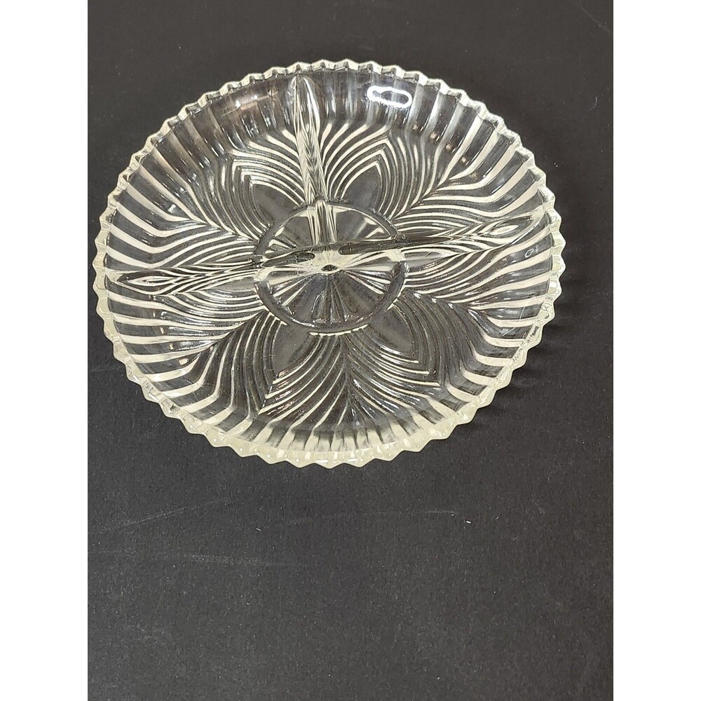 Indiana Glass 3 Section Divided Relish Dish Ridge Fan Pattern Scalloped Edge